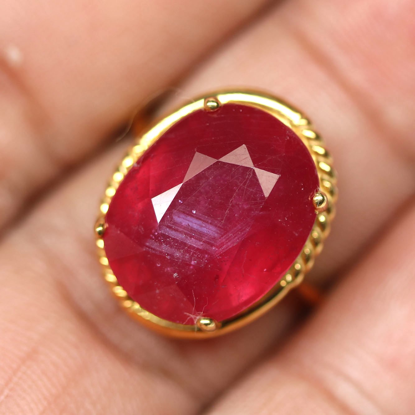 Handmade 925 Sterling Silver 12 x 15 mm. Red Ruby Ring Size 6.5 18K Gold Plated