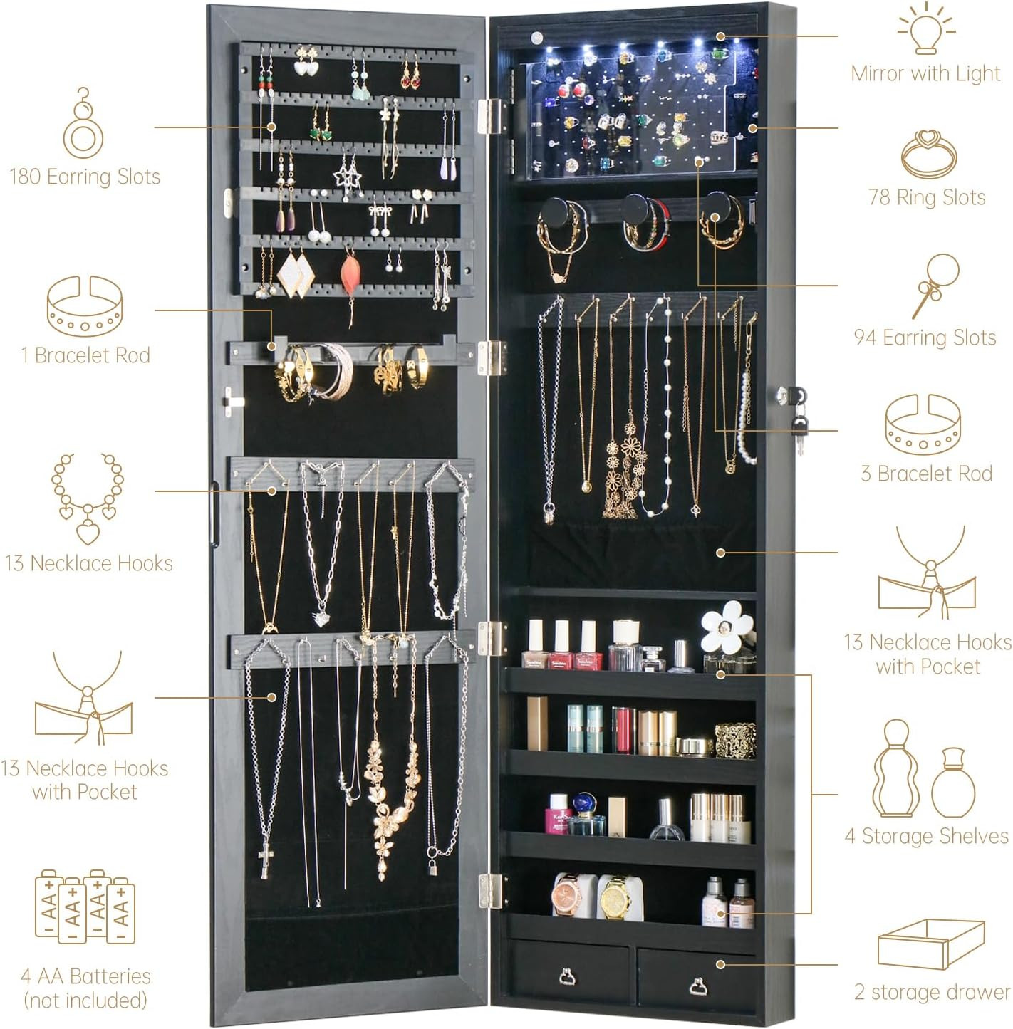 LED Jewelry Armoire with Mirror – Wall Mounted Storage Cabinet in Black
