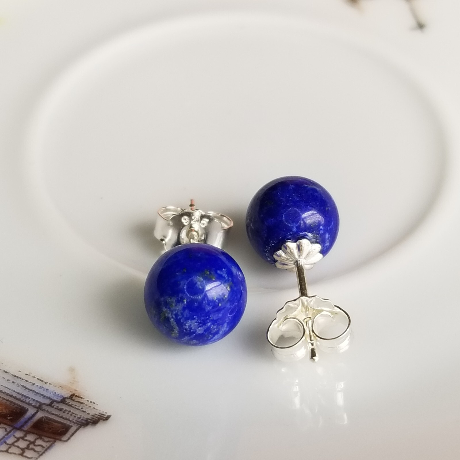 Natural Blue Lapis 8mm Round Ball Fluted Stud Earrings Solid 925 Sterling Sliver