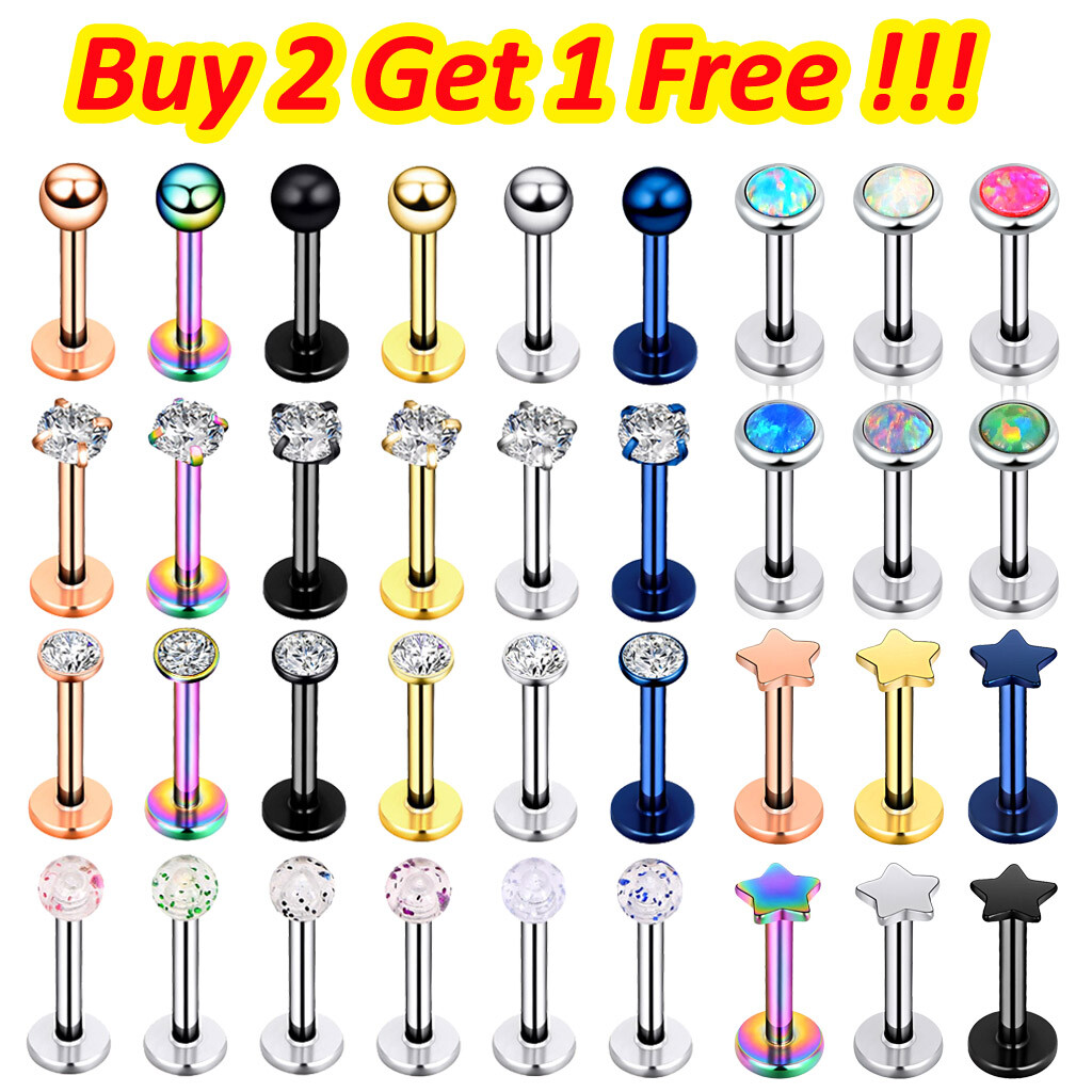 4-24pcs Assorted Labret Lip Ring Surgical Steel Tragus Cartilage Monroe Stud 16G