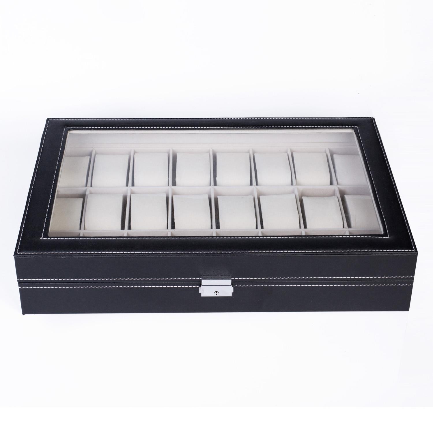 24 Slots Watch Box PU Leather Watch Case Organizer Display Watch Cabinet Black