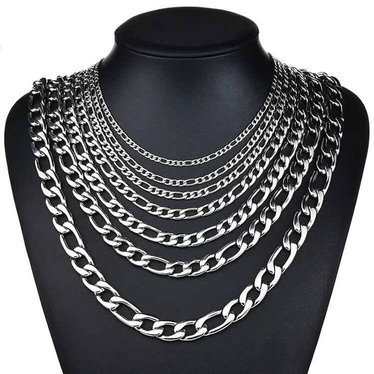 Stainless Steel Figaro Chain 16″- 30″ Necklace Men Women 3/4/5/7/9/10/12mm