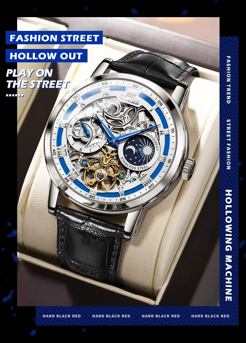 OLEVS Skeleton Self-Wind Automatic Mechanical Men’s Watch Leather Moon Phase