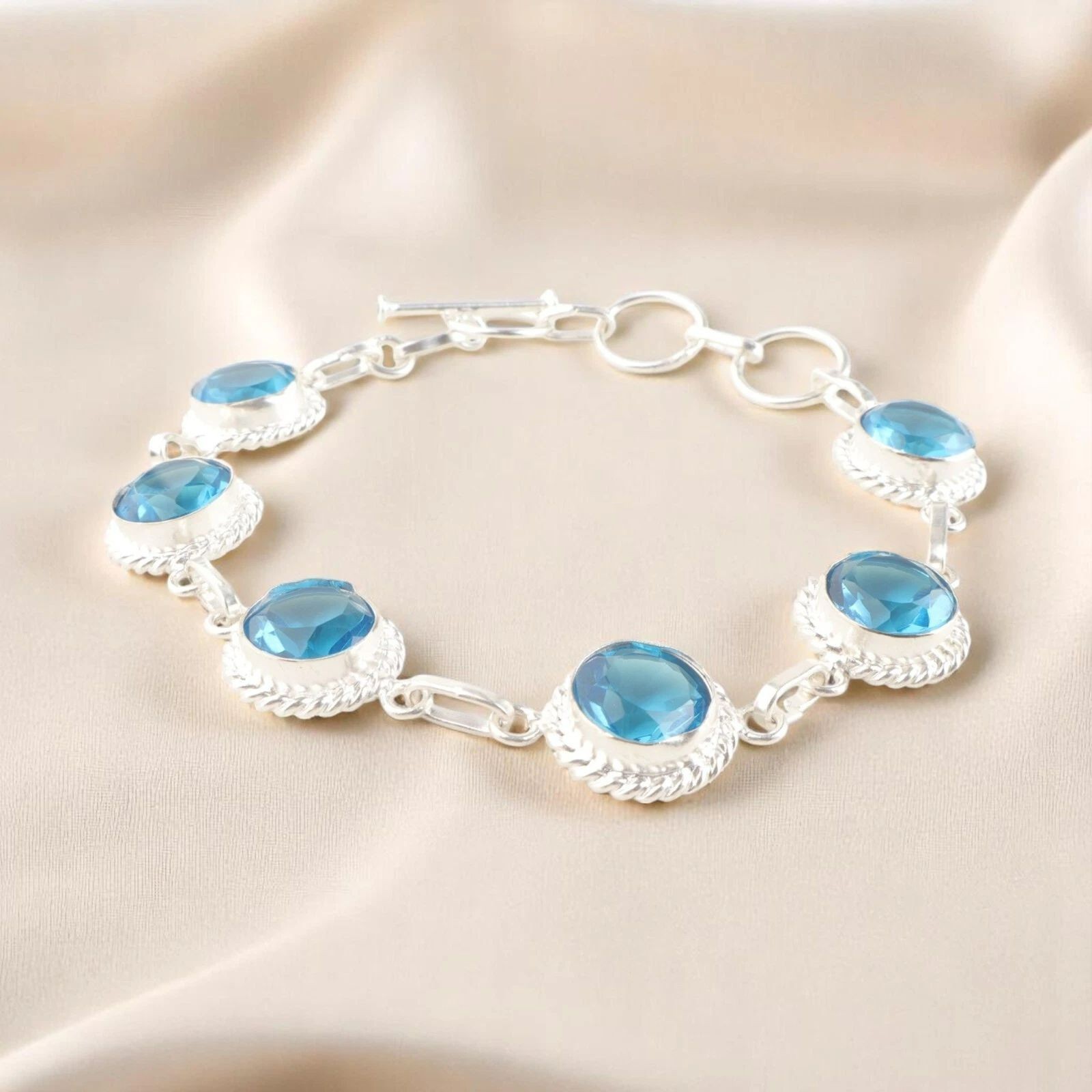 925 Silver Swiss Blue Topaz Gemstone Womens day Artisan Chain Bracelet Jewelry