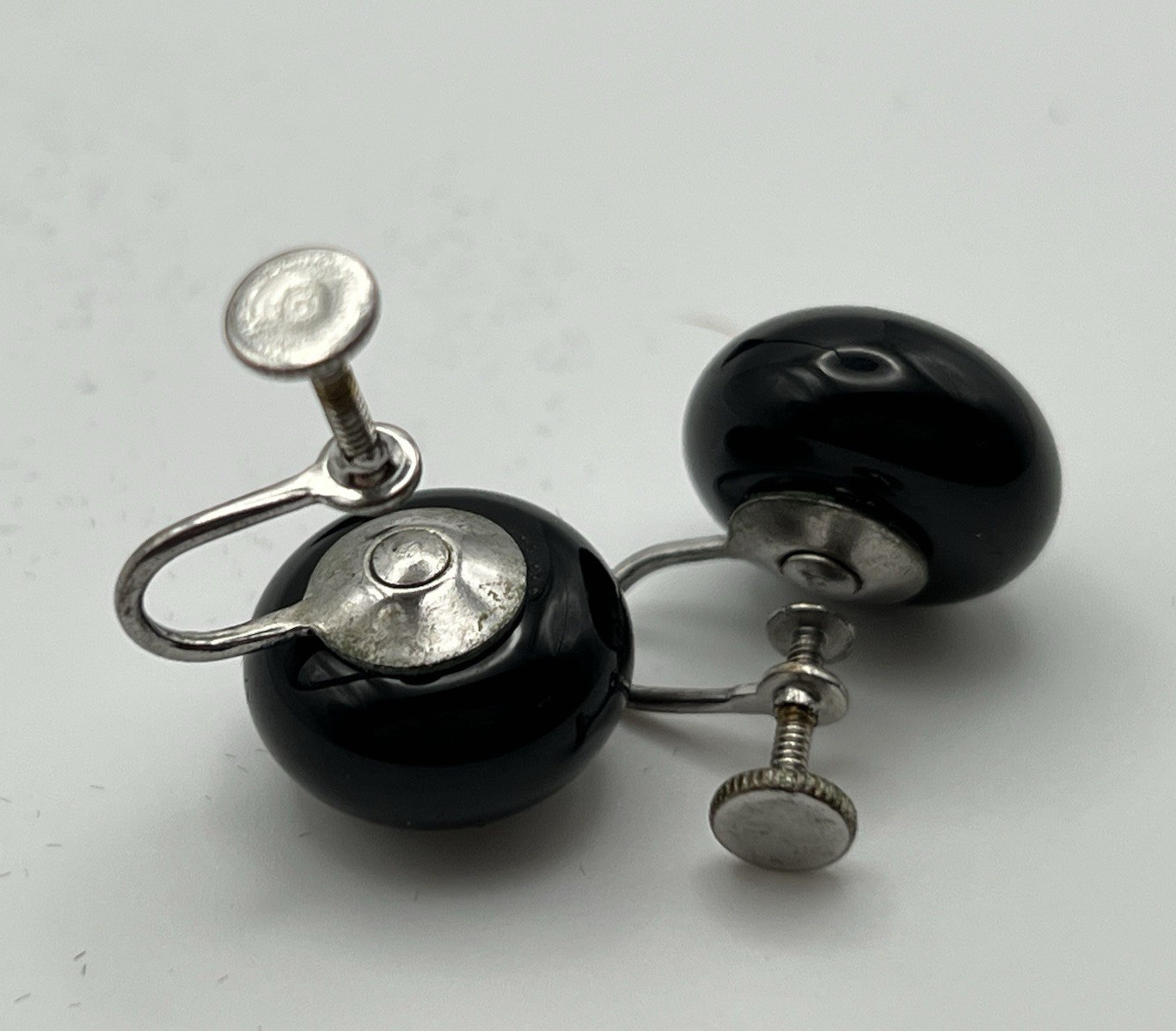Black Round Stud Earrings Screw Back Closure Silver Tone Glass & Metal