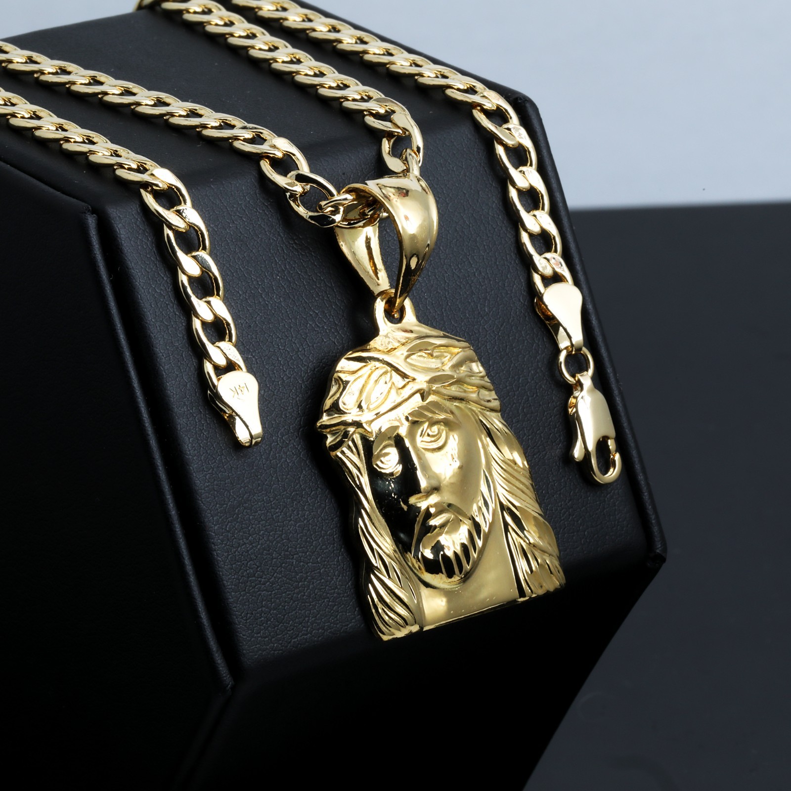 Jesus Pendant 14k Gold Plated Brass 5mm 20″ Cuban Link Necklace Choker Chain F1