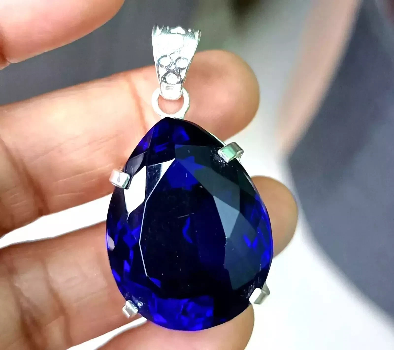 Natural 30 Ct Blue Sapphire Pear Cut 925 Silver Pendant Certified Loose Gemstone