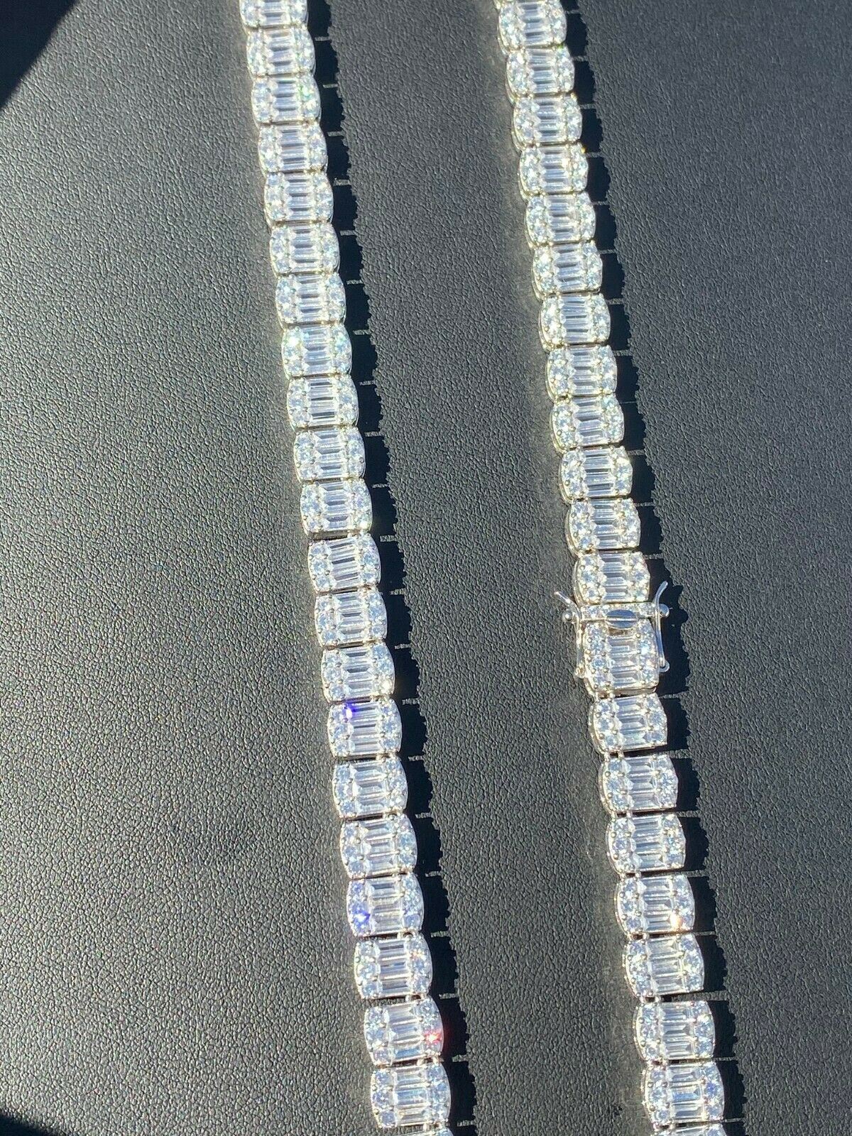Solid 925 Sterling Silver Baguette Tennis Chain Bracelet Real Iced CZ