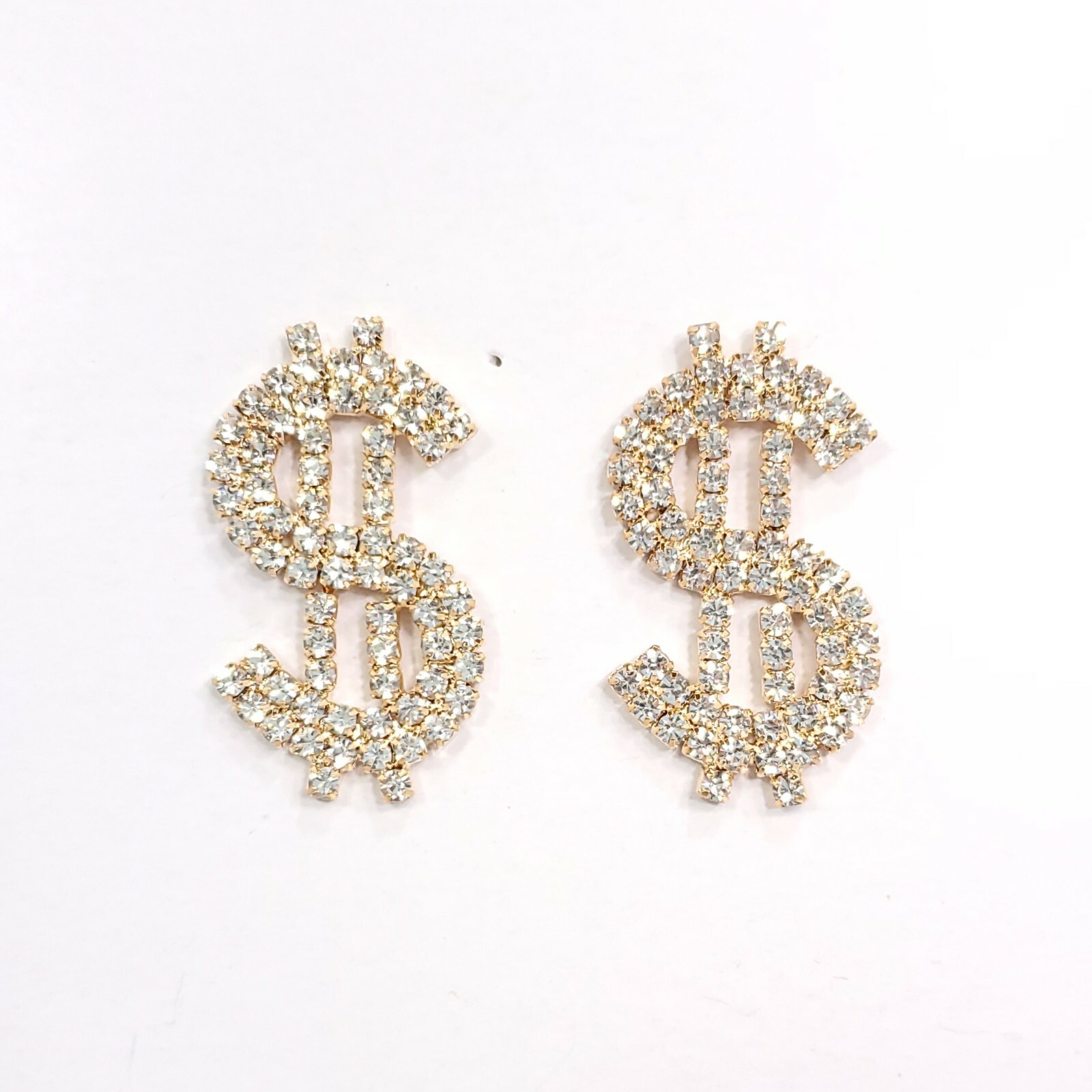 E0224 Bling Clear Rhinestone Gold Tone US Dollar Money $ Sign Drop Post Earrings