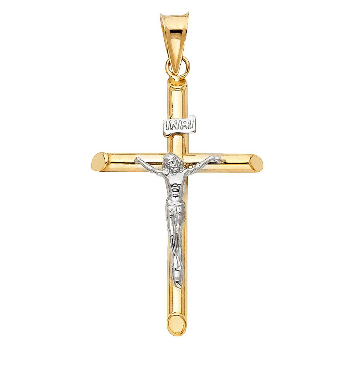 Genuine Real 14K Yellow & White Gold Two-Tone Cross Jesus Crucifix Charm Pendant