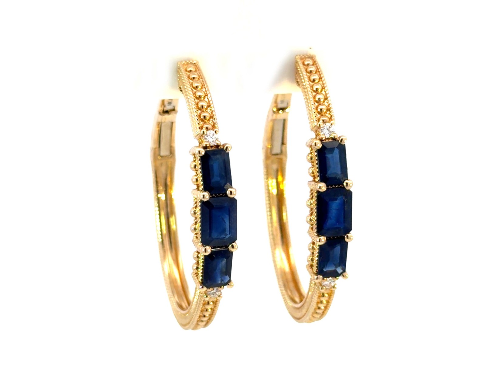 Judith Ripka Emerald Cut Sapphire Diamond Hoop Earrings 14k Yellow Gold