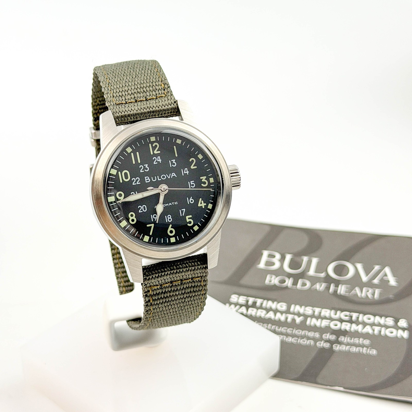 Bulova Special Edition 96A259 Hack Black Dial Green Fabric Strap Men’s Watch