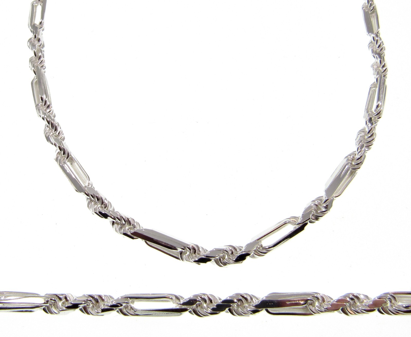 4MM Solid 925 Sterling Silver Men’s Italian Figarope Chain Necklace or Bracelet