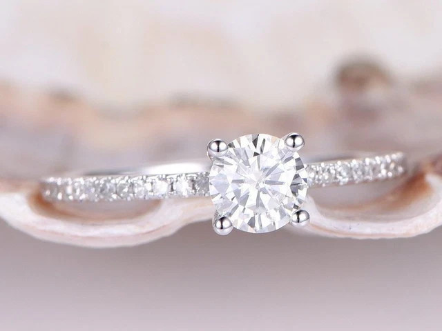 Solitaire with Accents Ring 1.30ct Round Lab Grown Diamond 14k White Gold Plated