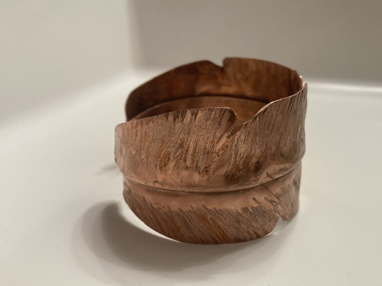 Wide Handcrafted Copper Cuff Bracelet Feather Design Unisex Adults 7 inch