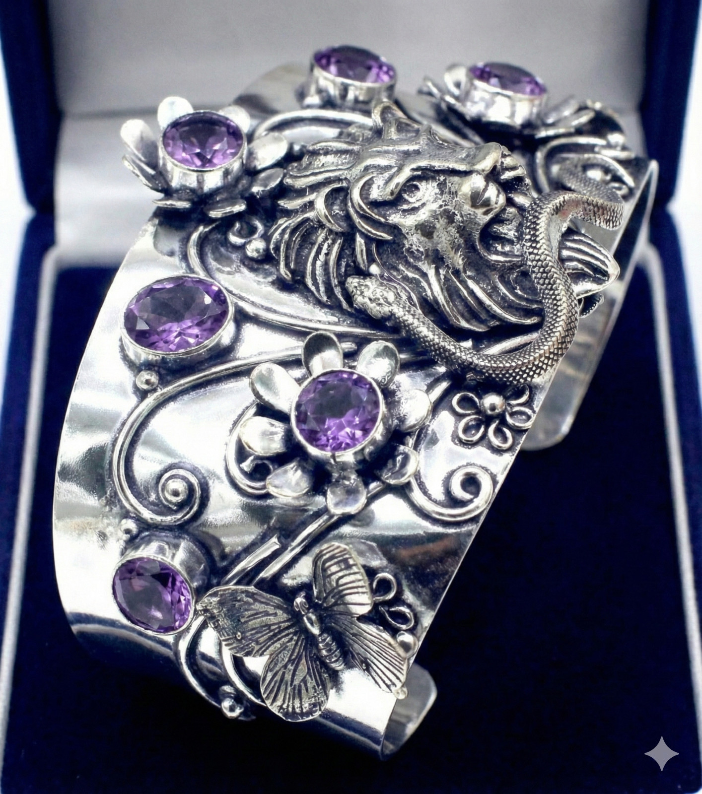 925 Sterling Silver Purple Amethyst Gemstone Jewelry Cuff Bracelet Size-ADJ