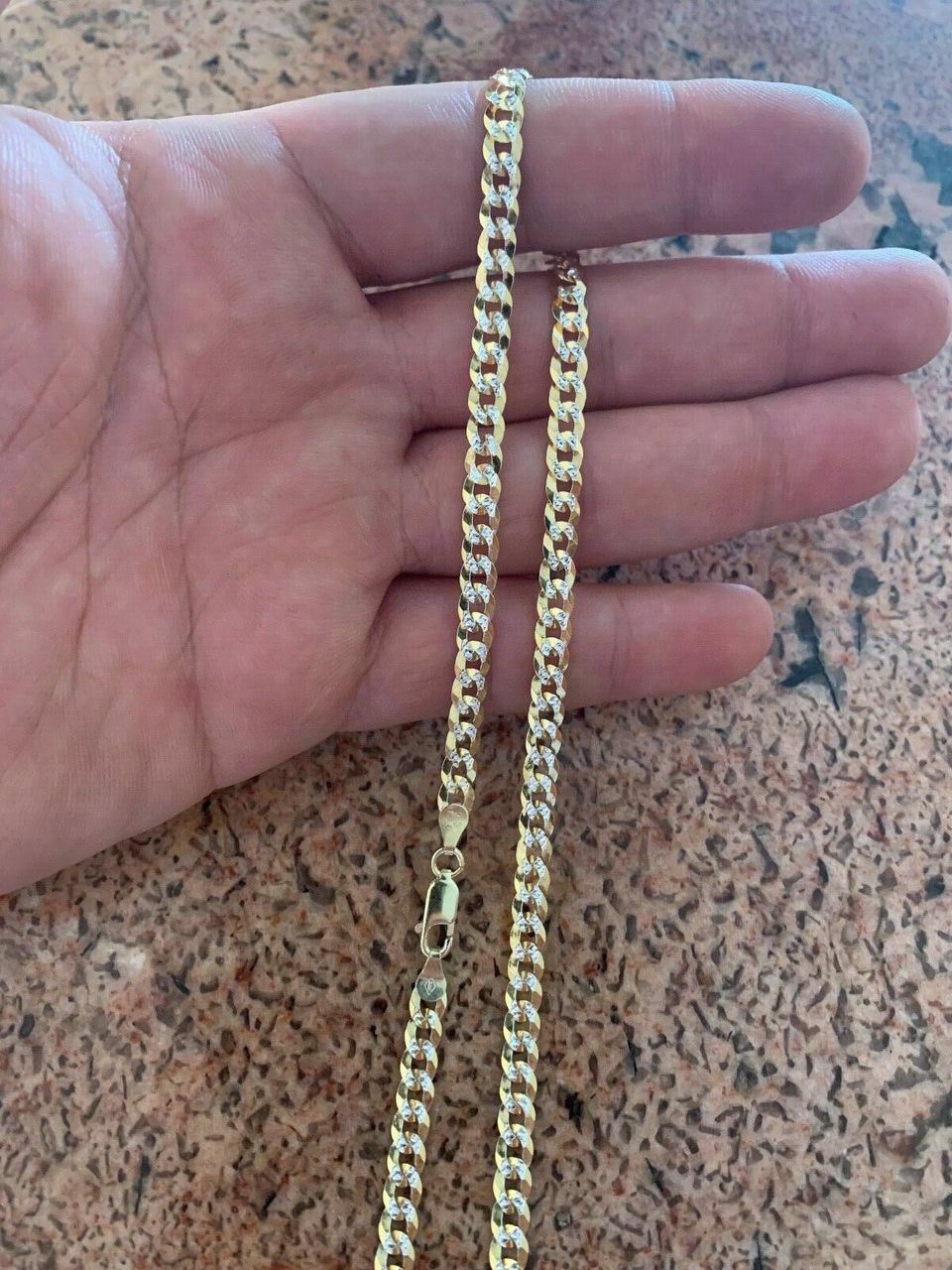 Mens Diamond Cut 5mm Cuban Chain 14k Gold Plated Solid 925 Silver Two Tone ITALY