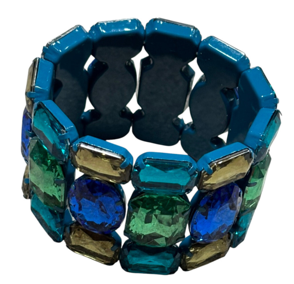 Multi Blue Green Faceted Lucite Gem Stud Wide stretch Bracelet