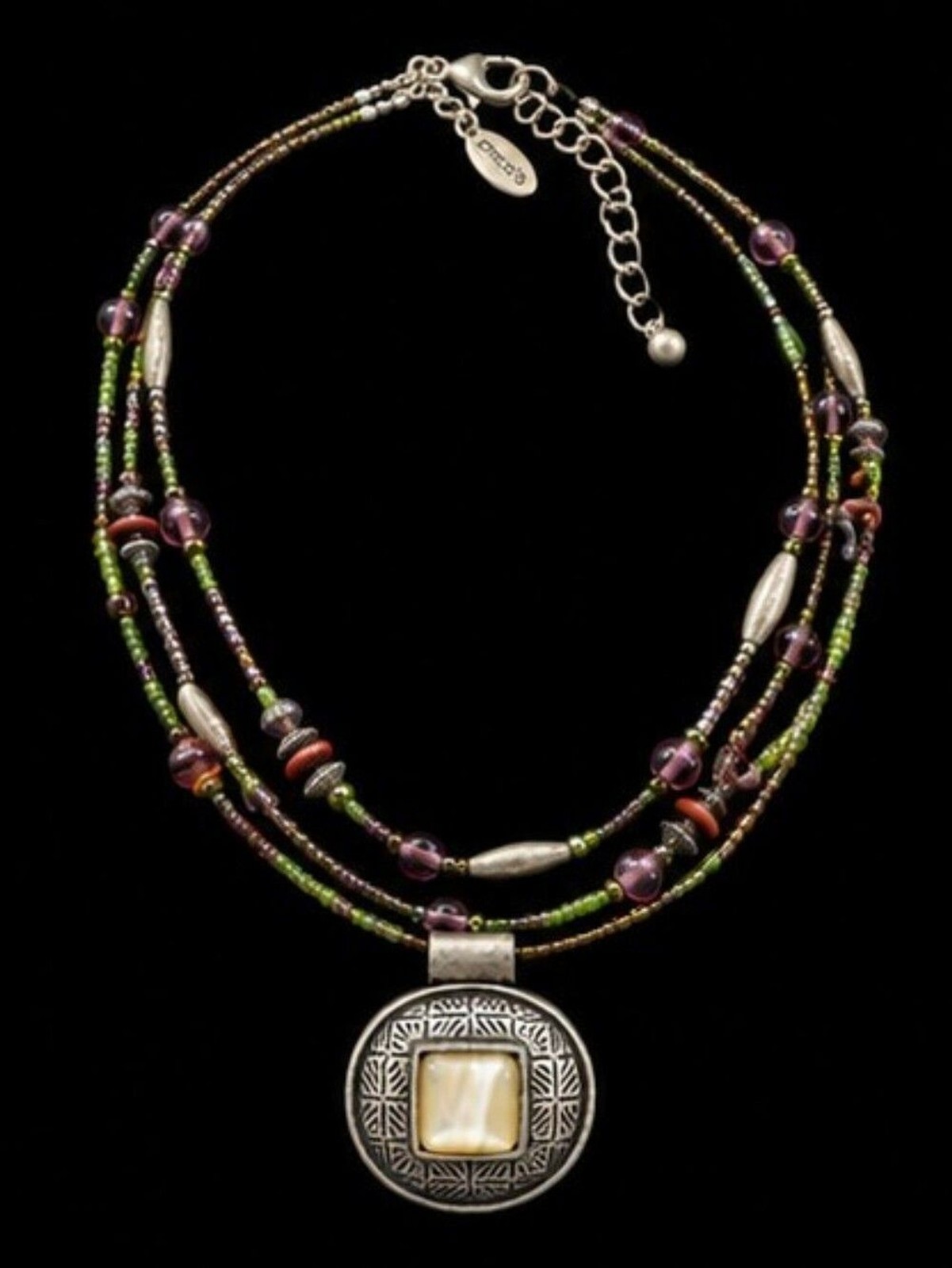 Chico’s Layered Beaded Necklace Mixed Metals Purple Green Artisan Pendant Boho