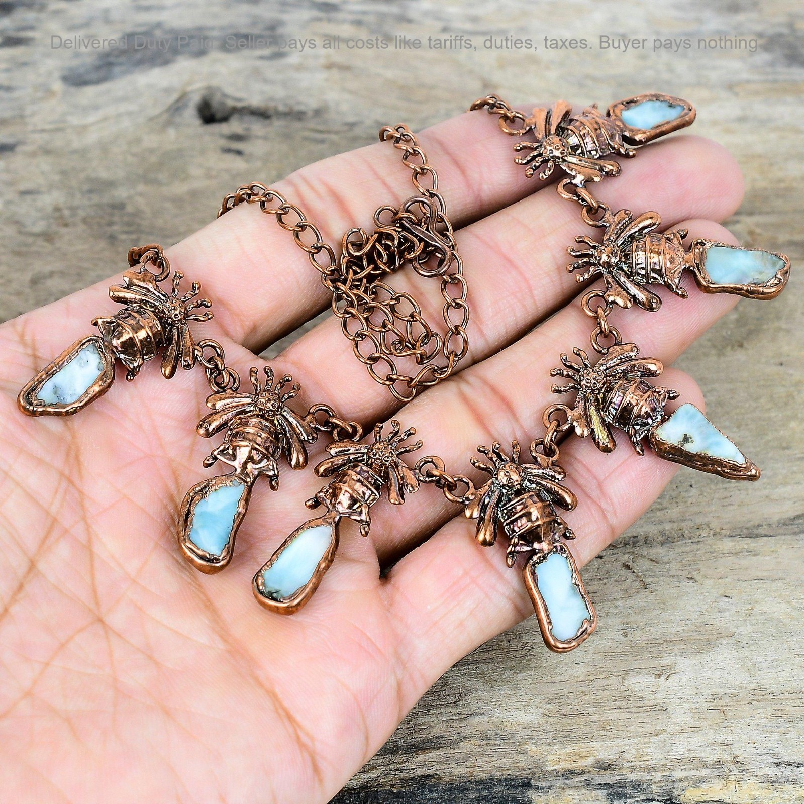 Natural Larimar Rough Wedding Electroformed And Honey Bee Chain Necklace Copper
