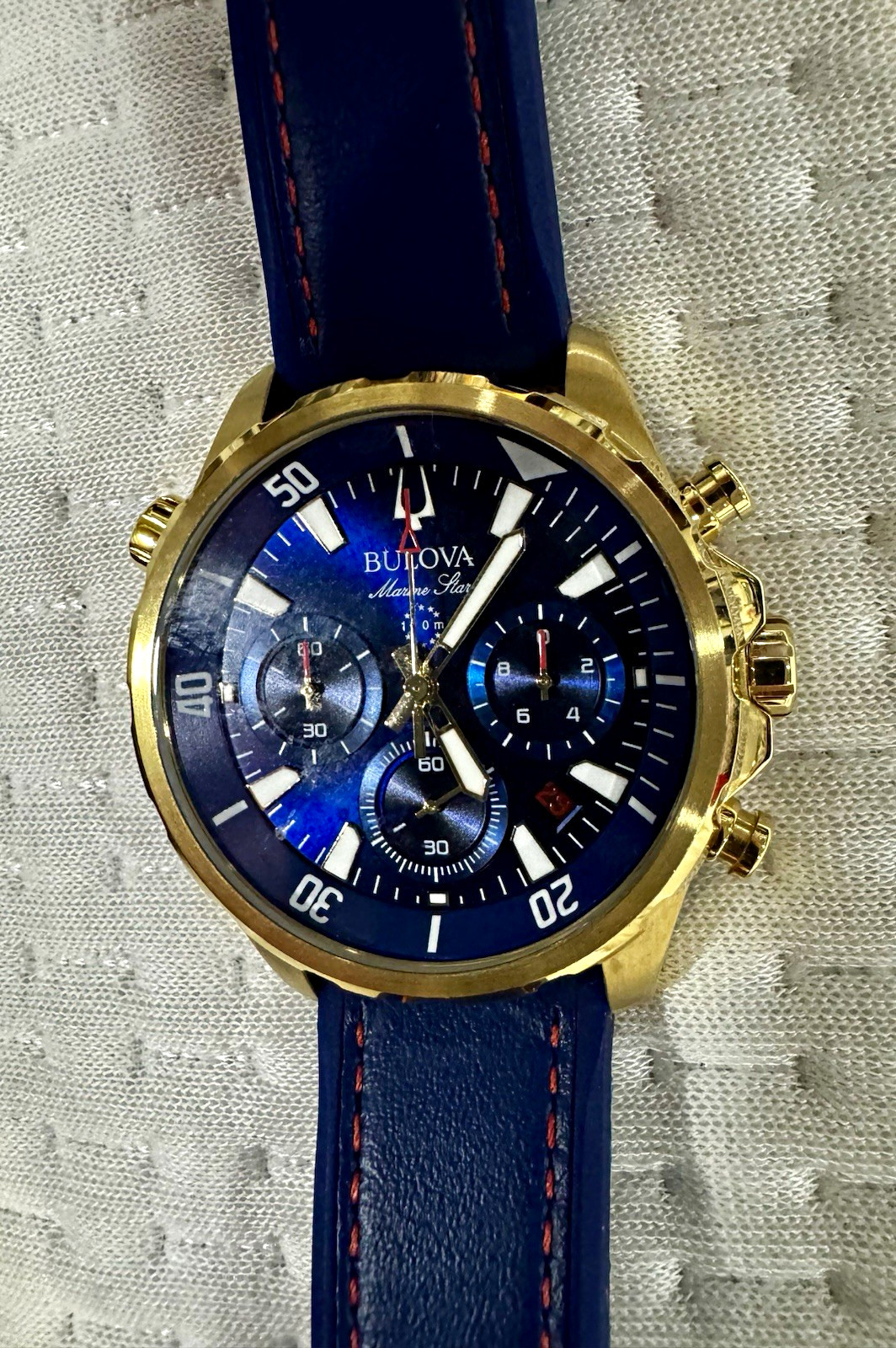 Bulova Marine Star Chronograph Quartz 43mm Blue Dial 100m Gold Case Rubber