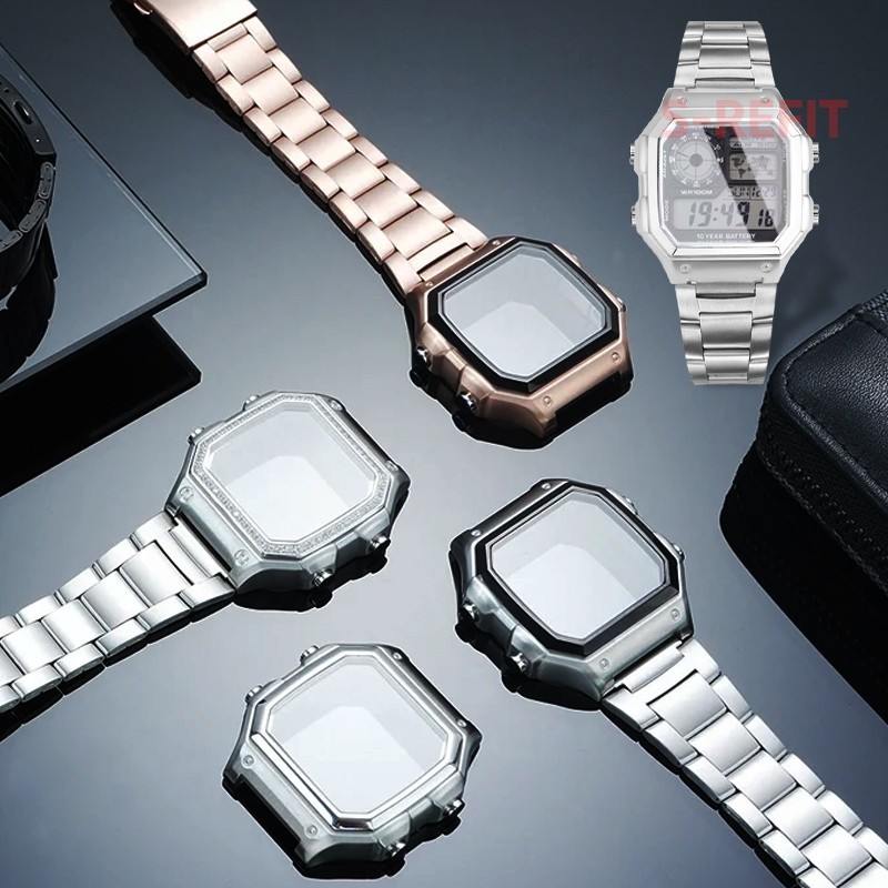 Watch Mod Kit Stainless Steel Metal Case watchband set For Casio AE1200 AE1300