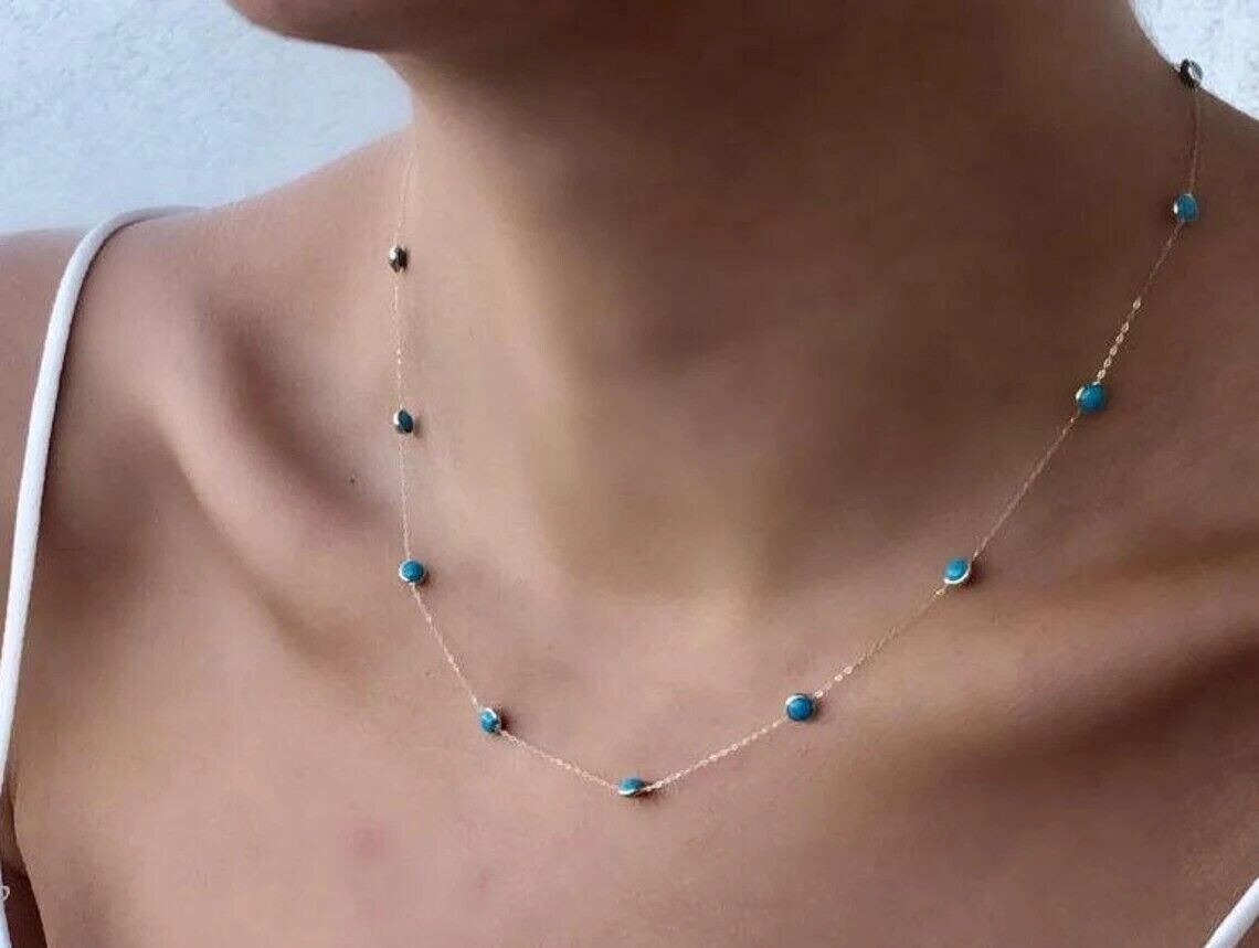 1Ct Lab-Created Turquoise Station Necklace Bezel Set in 14K Yellow Gold Finish
