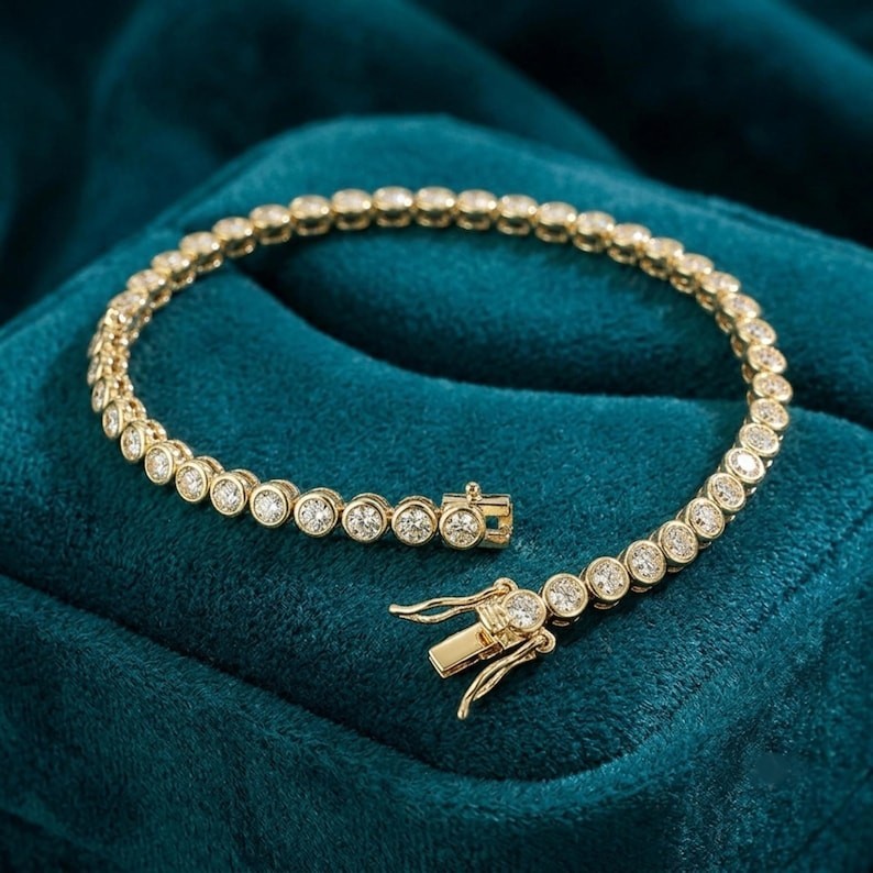 3.0 MM Round Moissanite Bezel Set 14K Gold Tennis Bracelet For Women