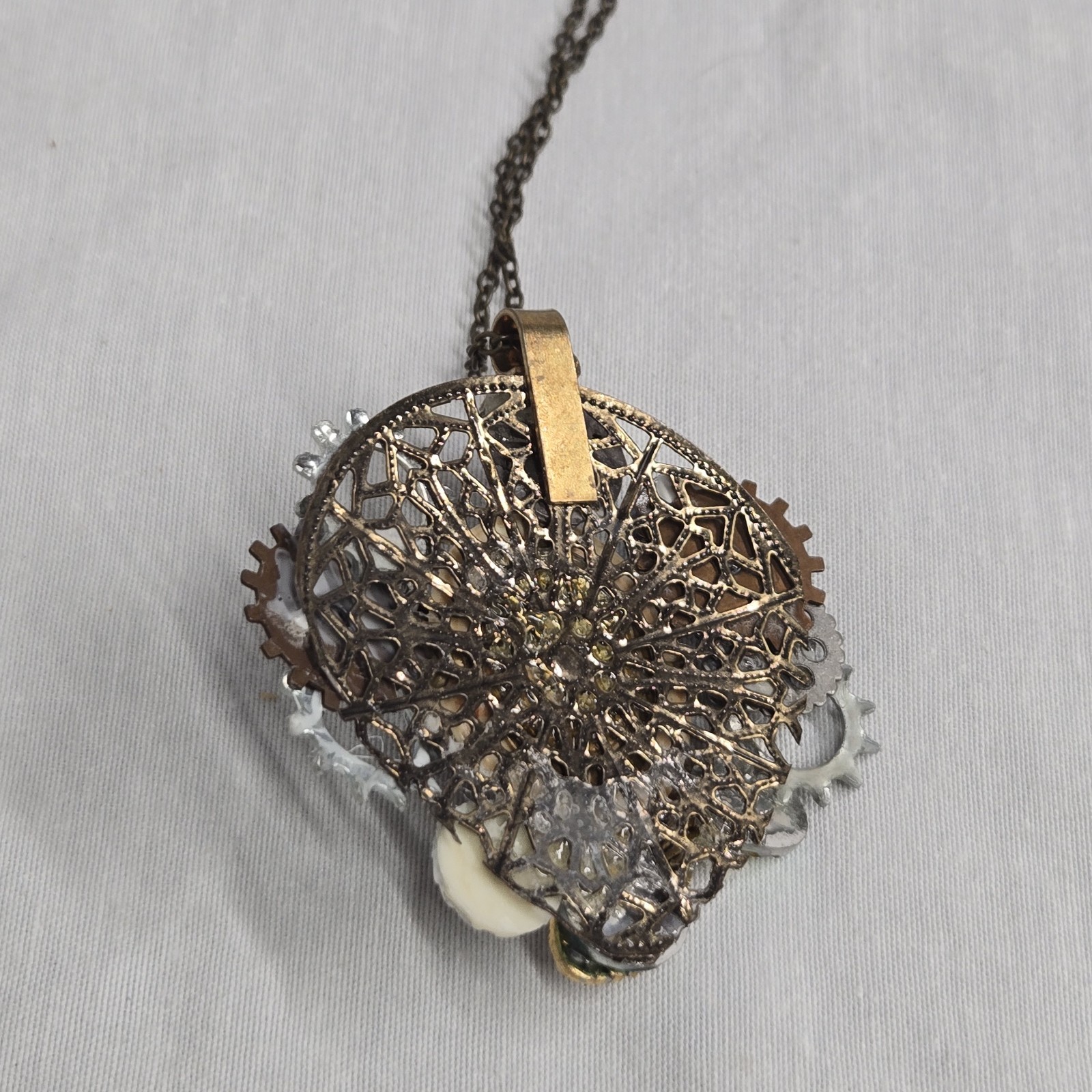 Steampunk Gear Charm Pendant Necklace Mixed Metal Multicolor Cable Chain Lobster