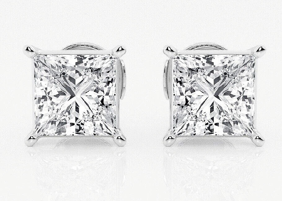 3 Ct Princess Cut GRA Moissanite Stud Earrings 14K Solid White Gold 6.5mm New