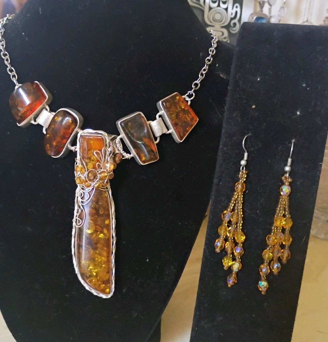 Antique Ancient Huge Baltic Amber Custom Wrapped Necklace With Sparkly Earrings