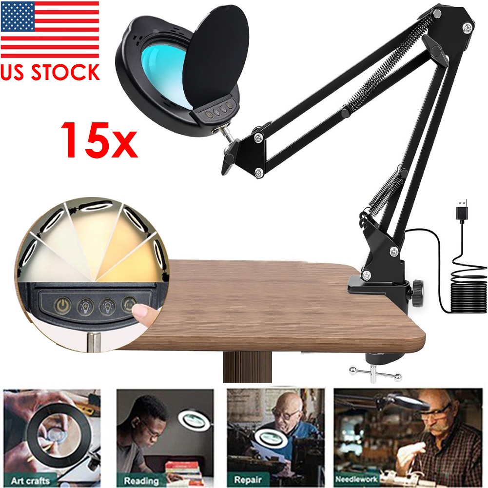 15X Magnifying Glass Desk Light Magnifier LED Lamp Reading Lamp With Lid + Clamp