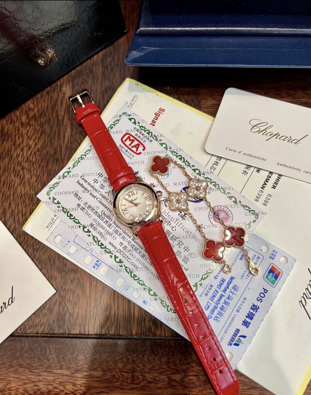 Chopard Happy Sport Quartz 36mm Silver Dial Red Leather Strap Box Papers