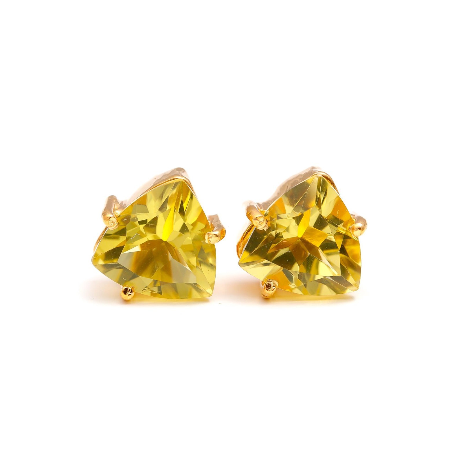 Natural Lemon Quartz Trillion Stud Earring Gold Fill 925 Sterling Silver Jewelry