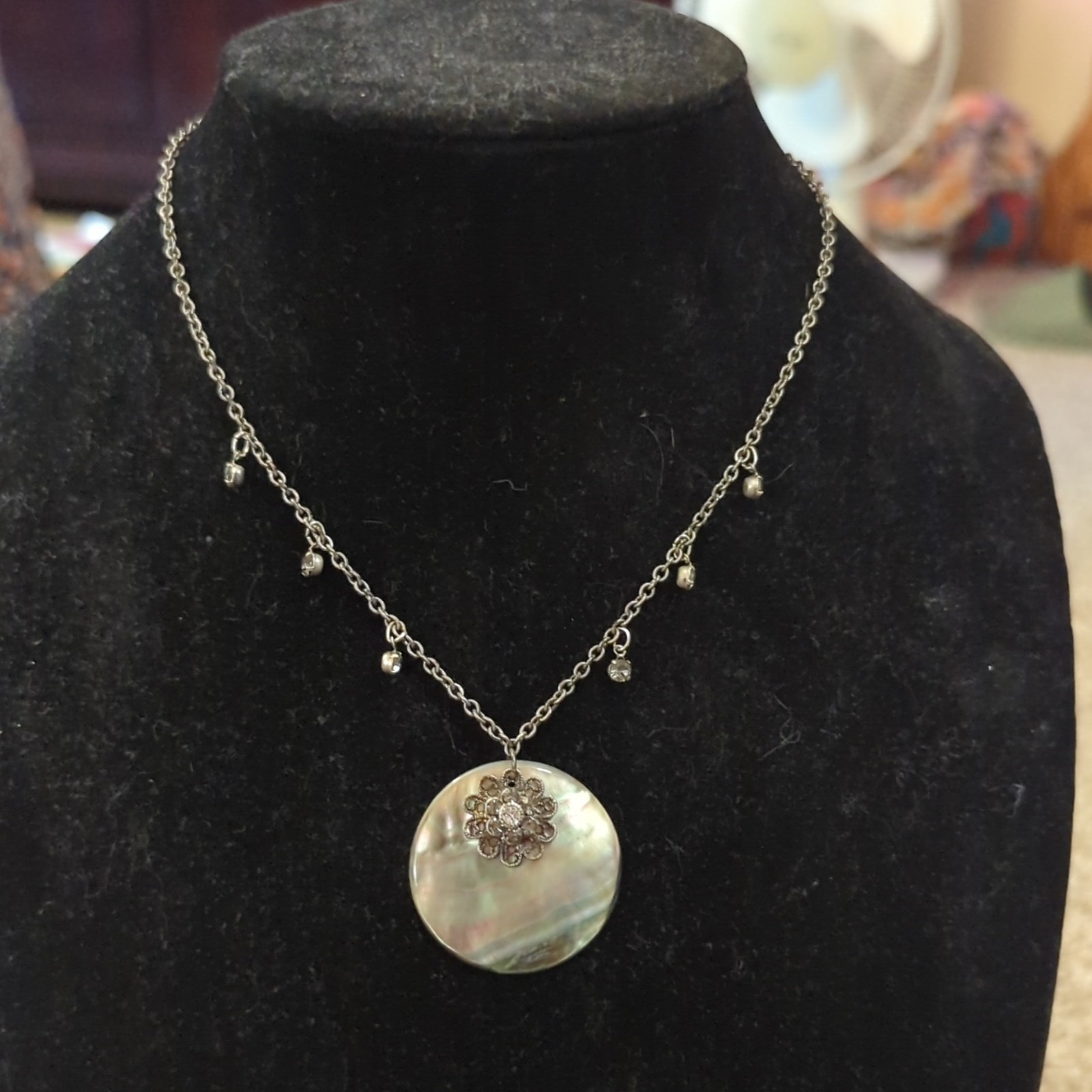 Silver Tone Cable Chain Necklace, Round Mother of Pearl Charm Crystal Floral