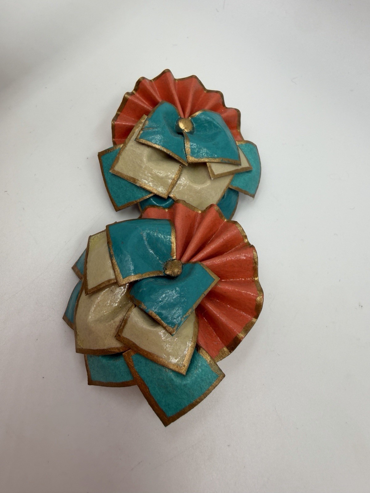 Vintage Earrings Paper Statement Large 80s Lightweight Blue Peach Fan Pierced