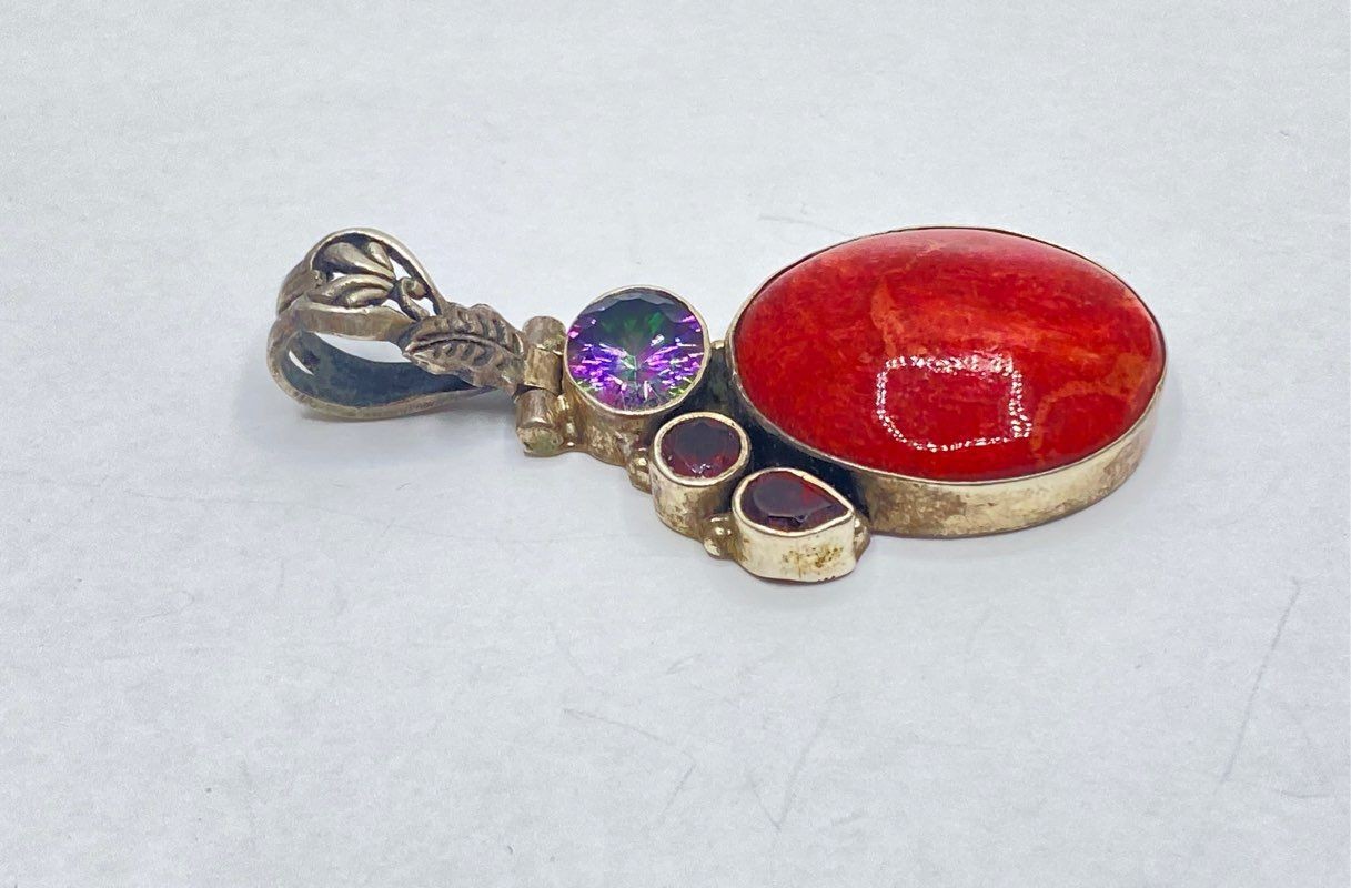 Sterling Silver 925 Red Oval Cabochon Mystic Topaz Multi-Stone Pendant 2″