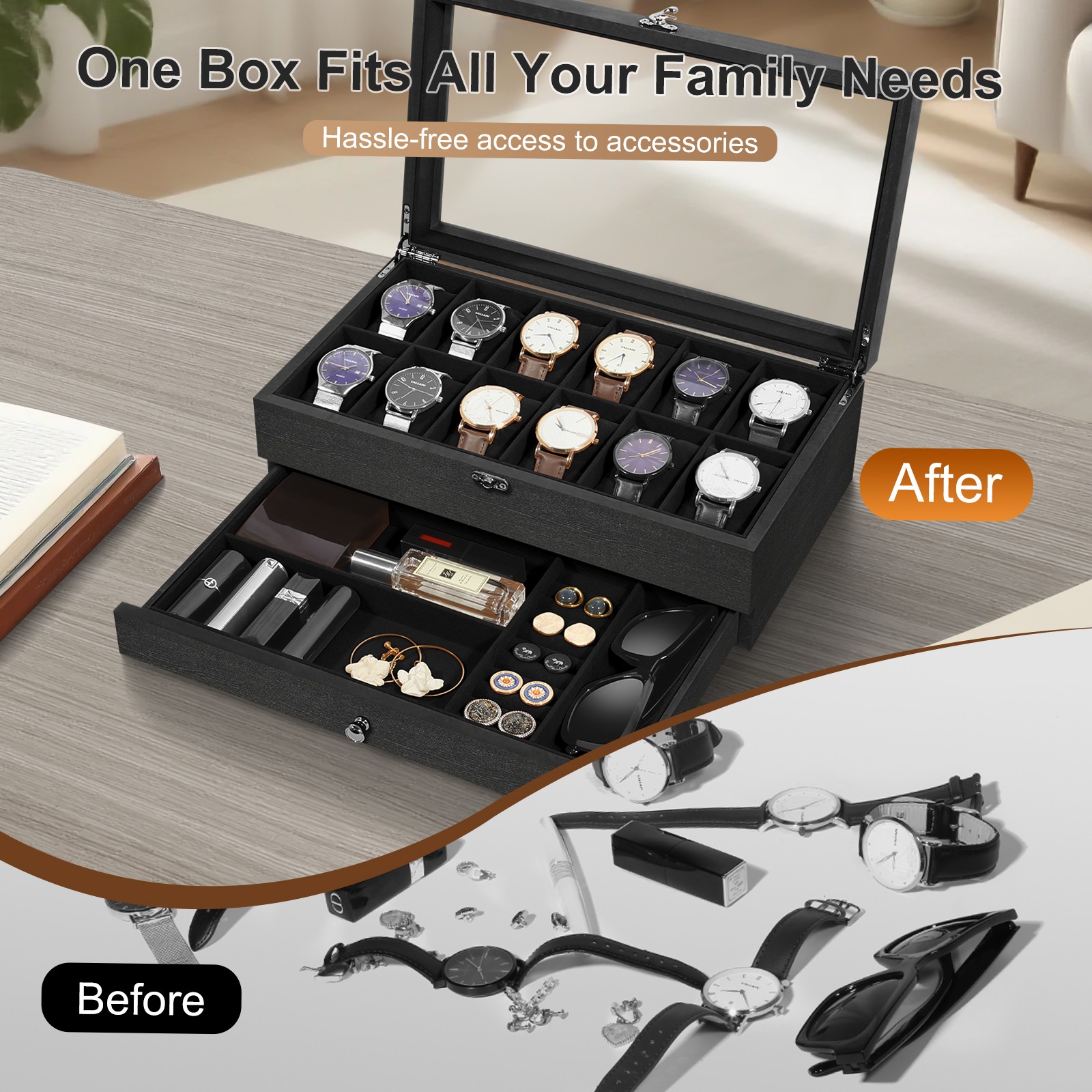 12 Slots Watch Box Organizer Solid Wood Glass Lid Watch Case Jewelry Display Box