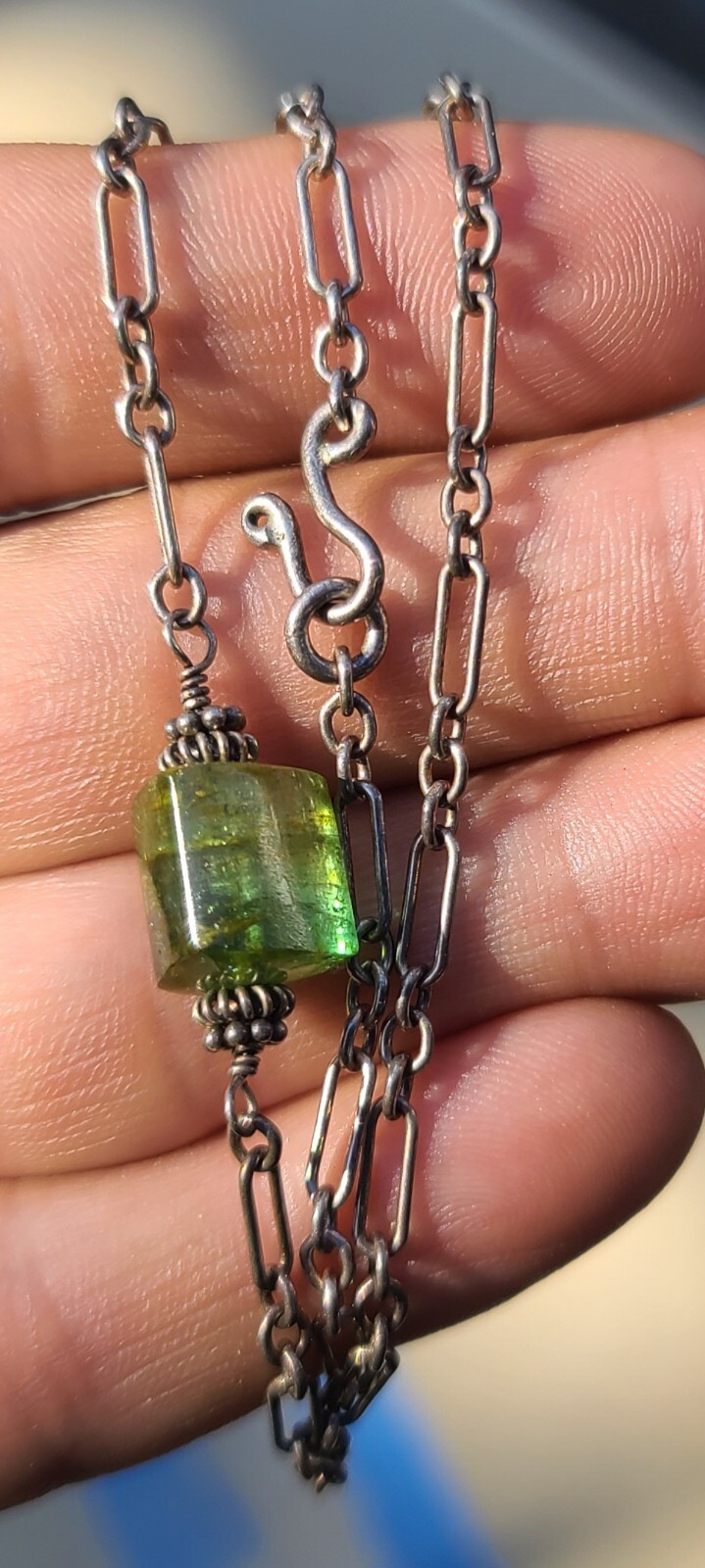 Vintage Sterling 925 Solid Silver Flourite Pendant Chain 17.75″ Necklace 3mm W