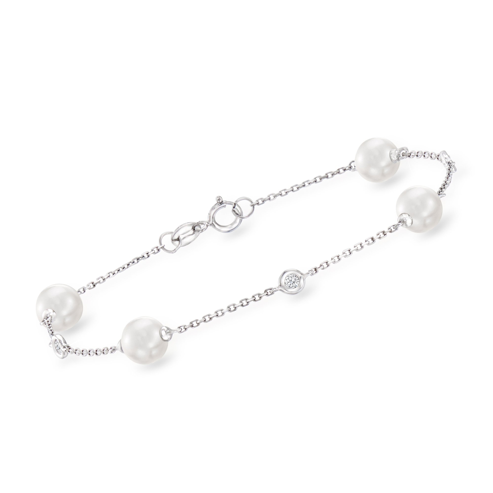 6-6.5mm Cultured Pearl Bracelet With Diamond Accents in 14kt White Gold