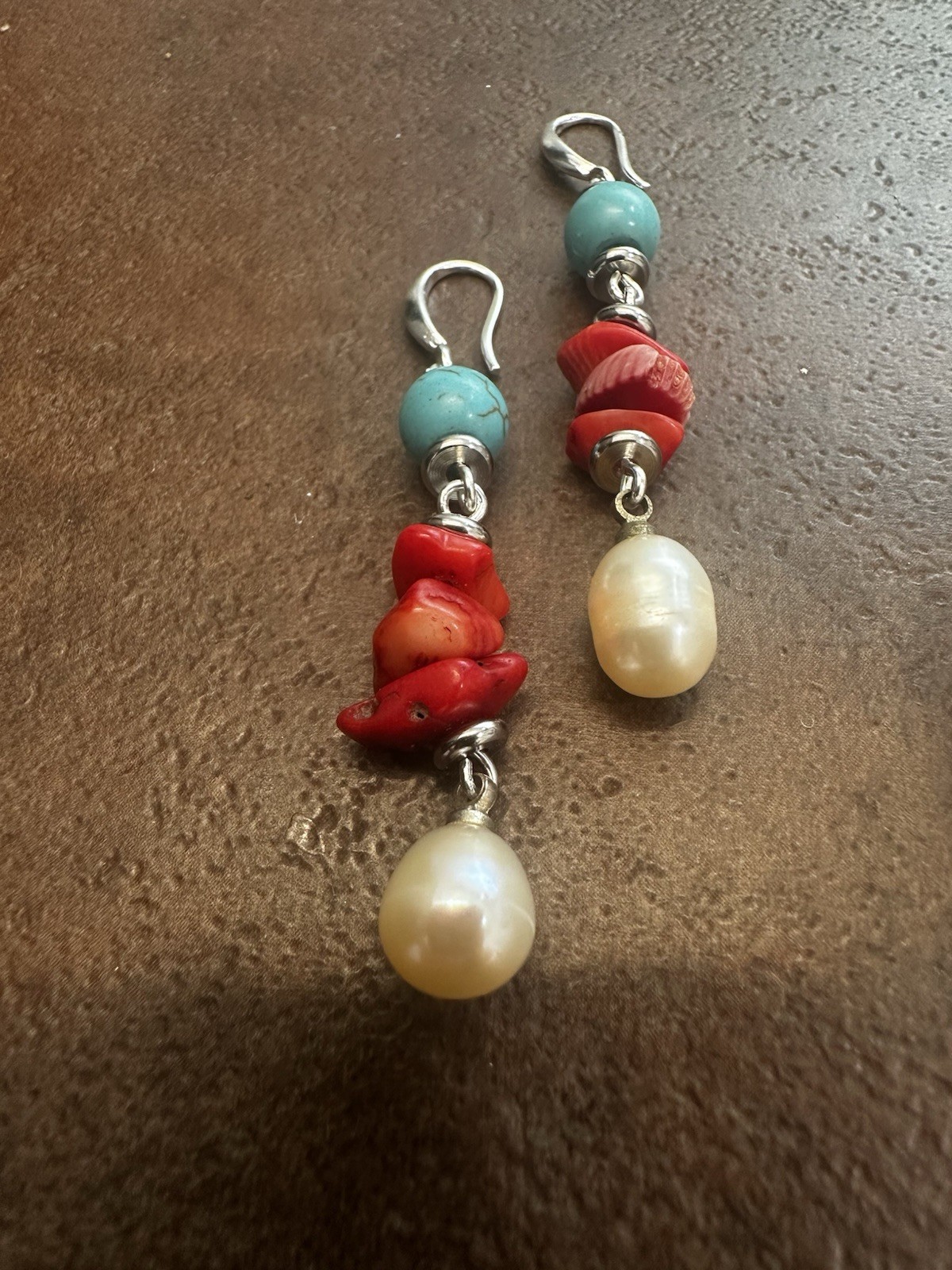 Handmade Turquoise, Red Coral & Pearl Drop Earrings