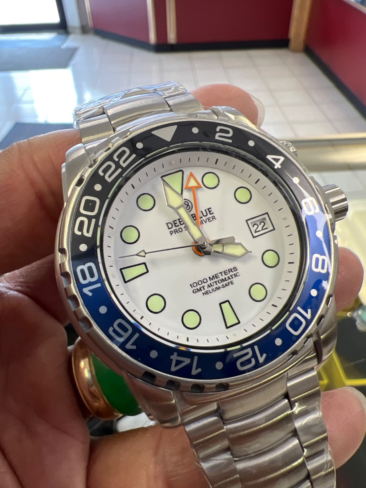 PRO SEA🎁DIVER 1000M GMT💰BLACK /BLUE BEZEL ❤️WHITE DIAL (BNS👍)