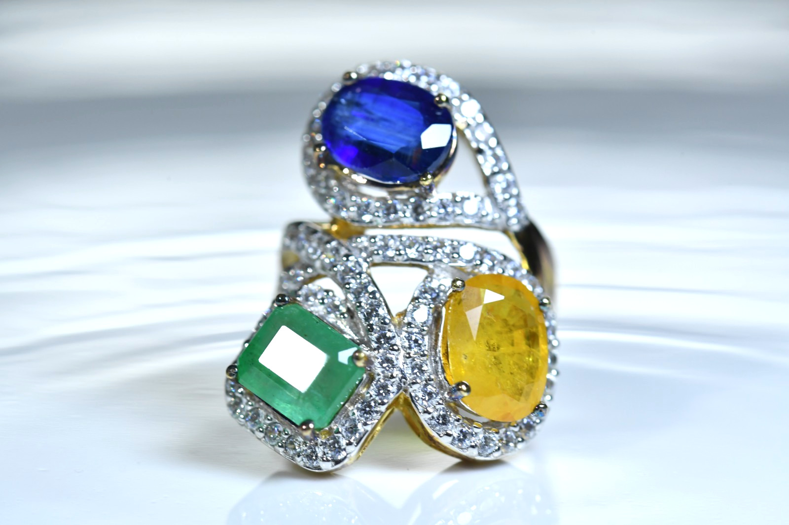 3 Stone Multi Gemstone Ring Emerald, Kyanite, Yellow, Sapphire surrounded CZ