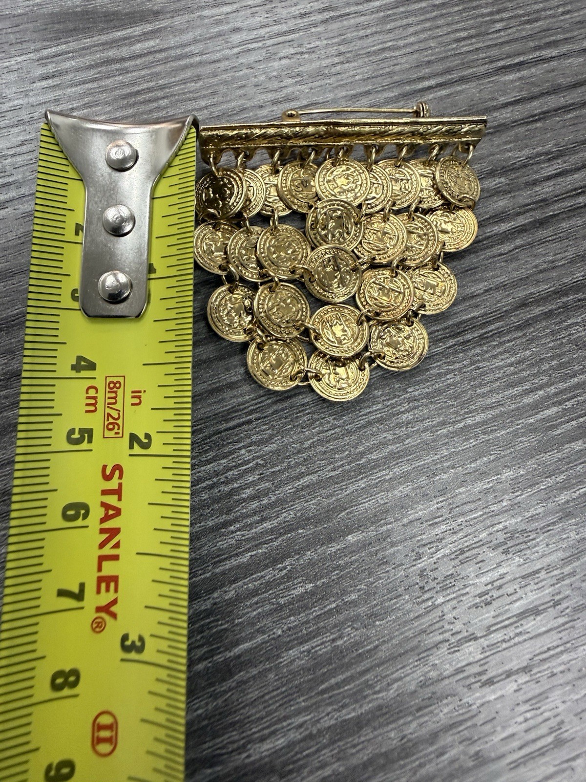Gold Tone Asymmetrical Dangle Coin Charm Brooch Pin, Metal, No Stone, 2 in