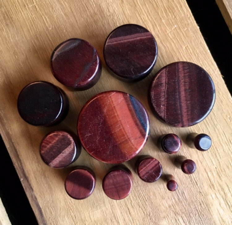 PAIR Red Tiger Eye Organic Stone Plugs Gauge – 3mm (8g) to 25mm (1″) available