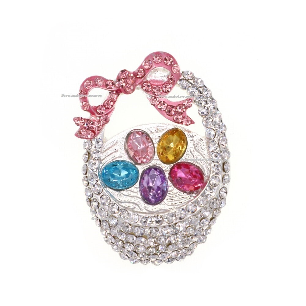 Easter Basket Pink White Colored Eggs Crystal Rhinestone Pin & Gold Bag