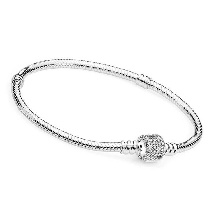 Queenqier CZ S925 Silver Bangle Bracelet Snake Chain For European Charms Beads