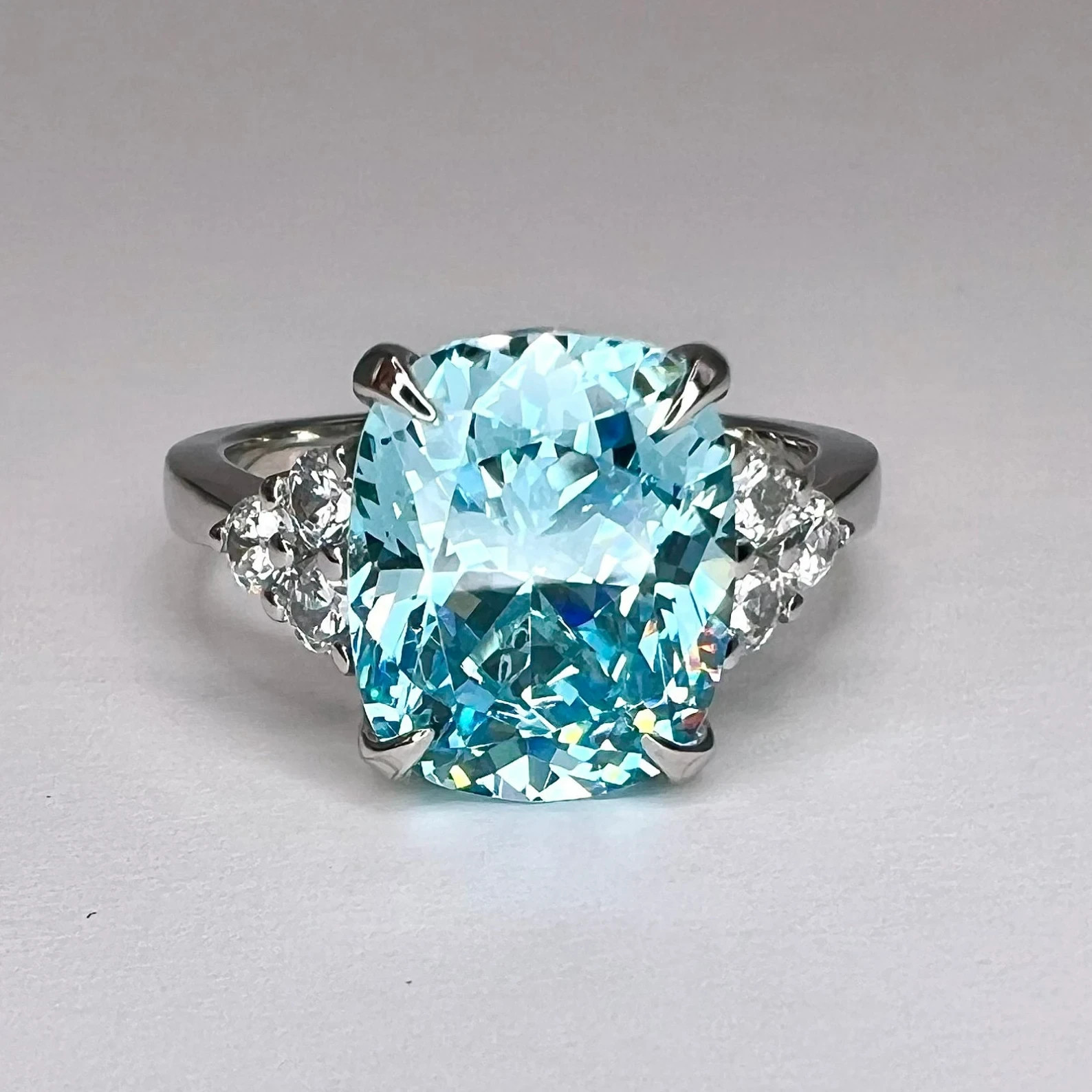 8.30Ct Cushion Cut Natural Aquamarine Diamond Wedding Bridal Ring 14K White Gold