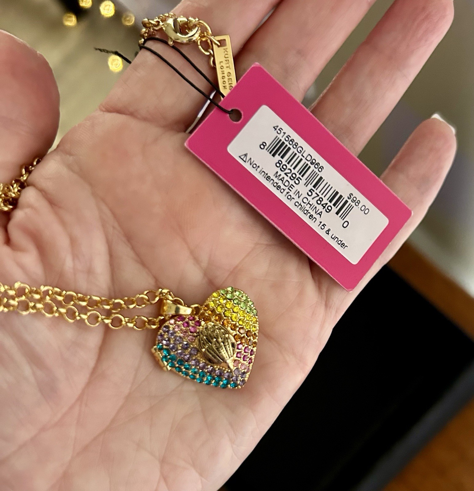 Kurt Geiger Heart Charm Locket Pendant Necklace Multicolor Pavé Crystal Gold
