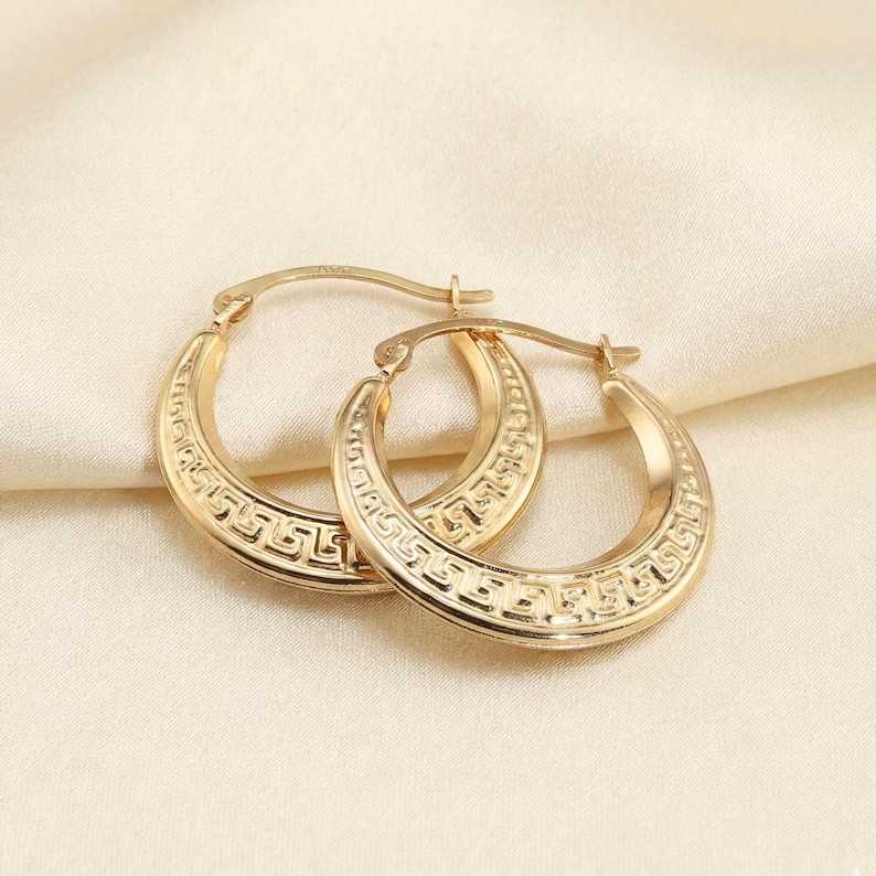 14K Real Solid Yellow Gold Greek Key Curved Round Creole Hoop Earrings 16MM 18MM